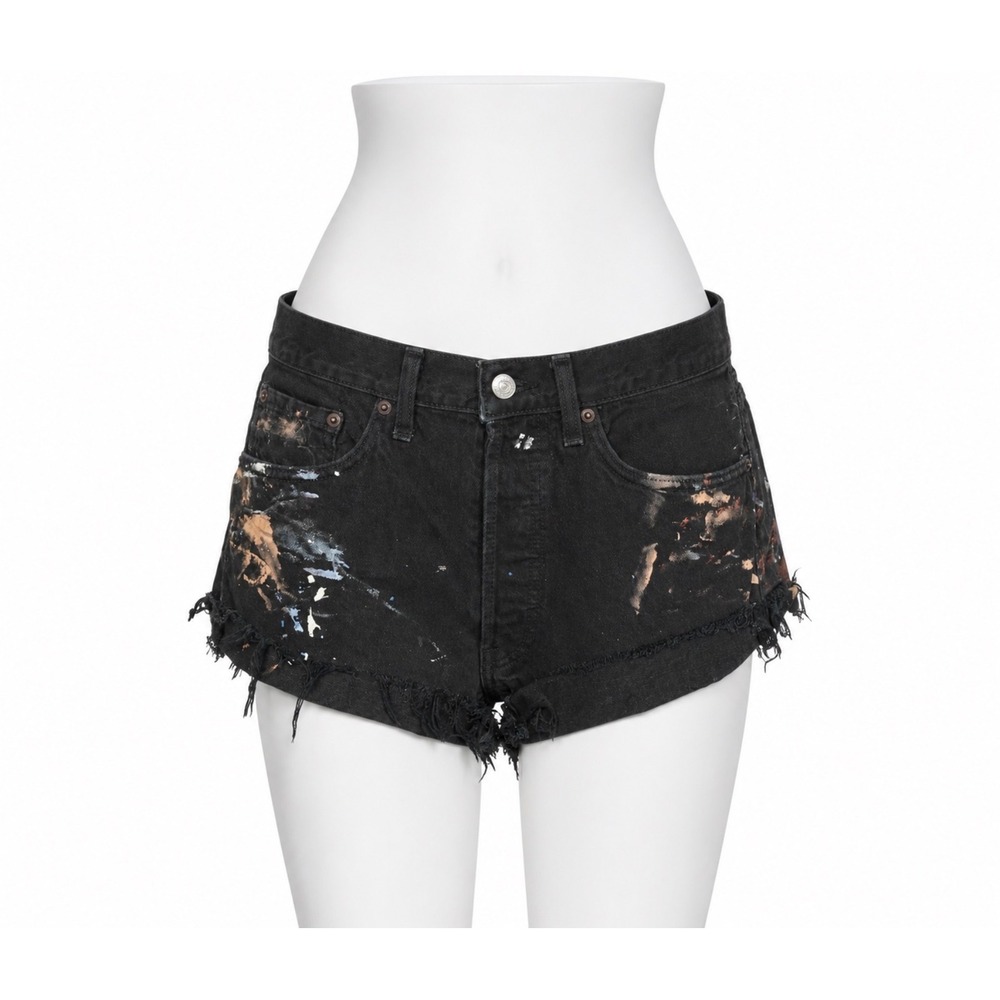 Womens Re/DONE Levis Painted Denim Shorts Black Distressed Cut Offs Size 26